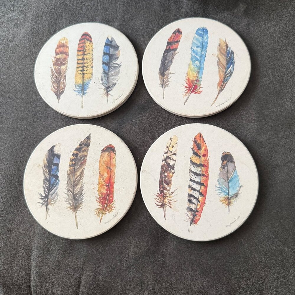 Set Of 4 Round Feather Design Cork-Backed Ceramic Coasters